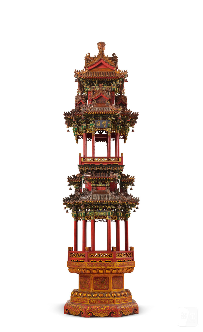 清晚·木髹红漆描金多层“紫府”塔式佛龛